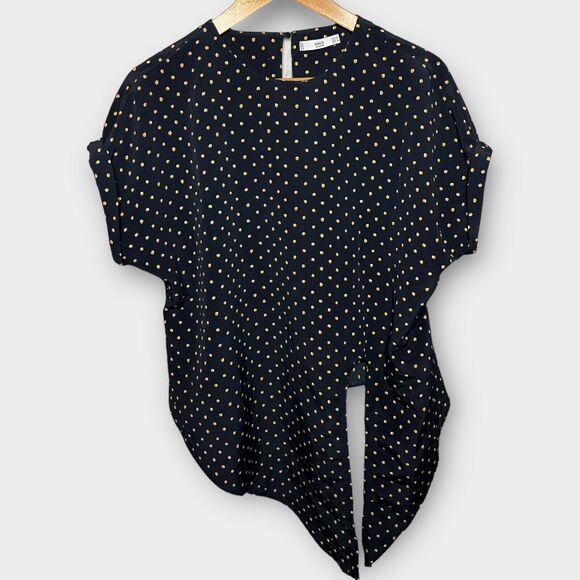 MNG Basics Women's Navy Polka Dot Cuffed Short Sleeve Tie Front Blouse Top Sz 4 - Picture 2 of 15